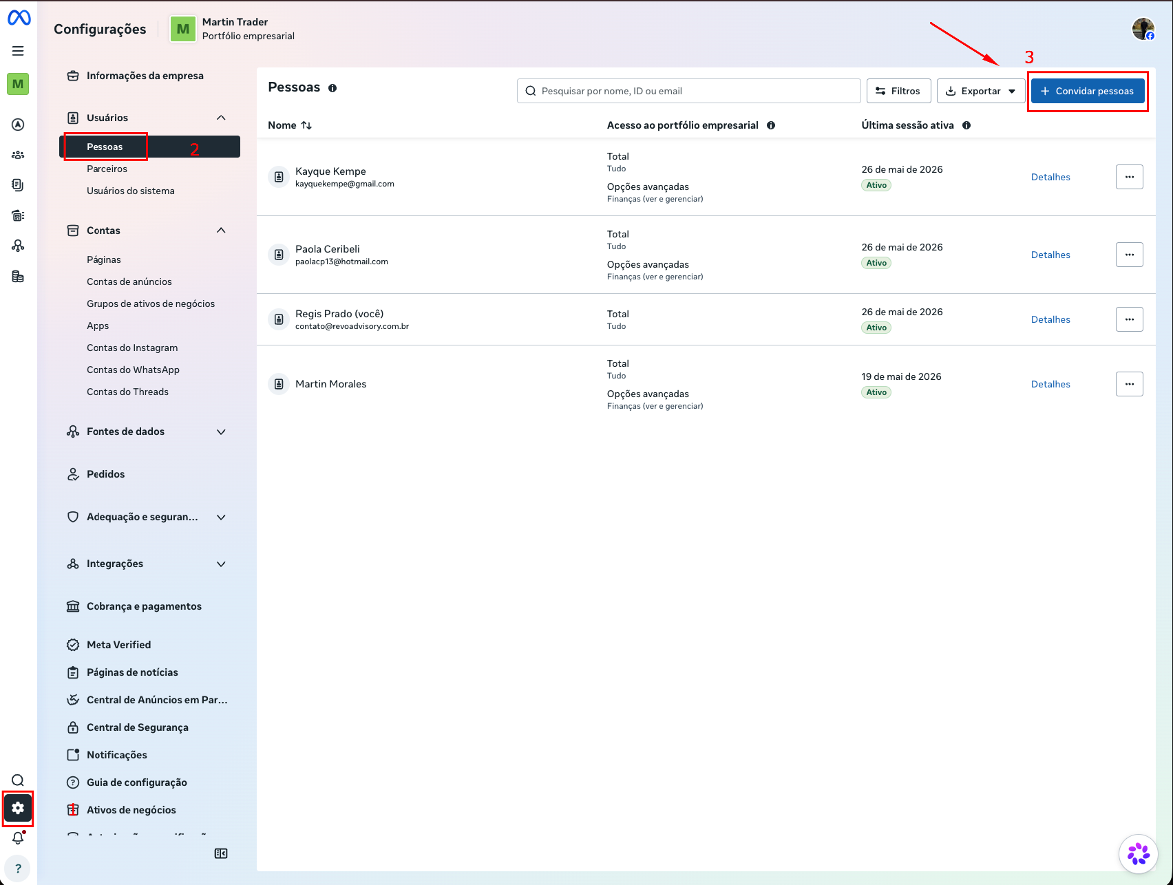Passo a passo visual para convidar pessoas no Gerenciador de Negócios Meta